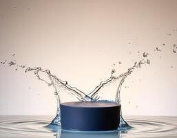 empty blue podium mockup with water splash on a gradient background for product display photo