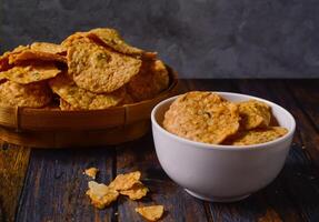 Tempeh chips are a food made from tempeh which is thinly sliced and then fried using seasoned flour. Usually the taste is salty with a savory onion aroma. photo