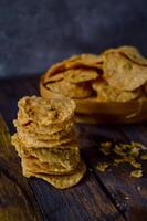 Tempeh chips are a food made from tempeh which is thinly sliced and then fried using seasoned flour. Usually the taste is salty with a savory onion aroma. photo
