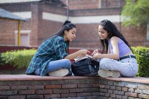 Two Educated Womans Are Sitting in the College Park and Preparing For Their Exams. photo