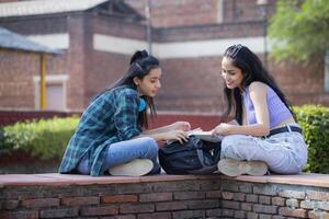 Two Smart Ladies Are Sitting in the College Park and Discussing Their Questions Related to Exams. photo