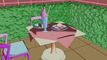 Abstract contrasting interior with a table and two chairs, view inside of cafe. Design. Delicious cake, macaroons, and milkshake. video