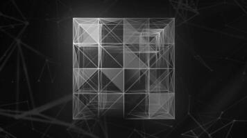 Abstract 3d cube of plexus matter on a blue background. Motion. Transforming cubic shape of lines and dots. video