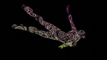 Black background.Design.A dark background on which the silhouette of a person rotates in abstraction . The person himself seems to be transparent and gives off different shades. video