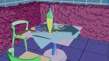 Bright cafe made in animation.Design. A table in a restaurant with a beautiful large cocktail and desserts. video