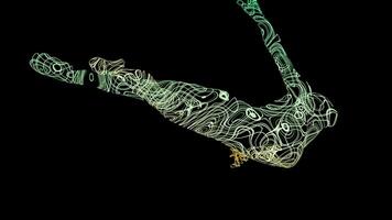 3D man of lines on black background. Design. 3D model of person made of tangled lines rotates in space. Silhouette of man in pose of liberation rotates and disappears video