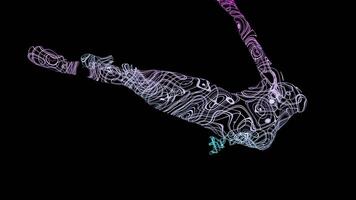 3D man of lines on black background. Design. 3D model of person made of tangled lines rotates in space. Silhouette of man in pose of liberation rotates and disappears video