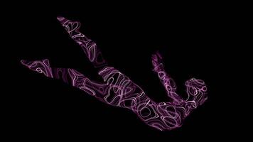 3D man of lines on black background. Design. 3D model of person made of tangled lines rotates in space. Silhouette of man in pose of liberation rotates and disappears video