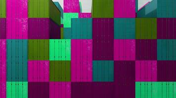 Moving along the rows of cargo shipping metal containers at the warehouse, seamless loop. Design. Beautiful endless abstract container boxes of contrasting colors. video