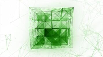 3d kubus van meetkundig lijnen. beweging. veelhoekige kubus met lijnen en driehoeken. meetkundig kubus met lijnen en vormen in wiskundig ruimte video