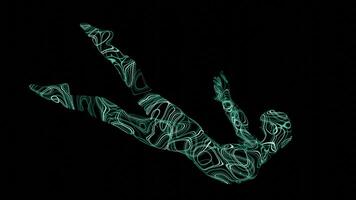 Human unrecognizable figure made of energy waves falling down on a black background. Design. A soul of a person flying in space universe, seamless loop. video