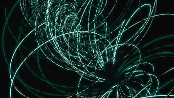 Abstract turquoise tangled narrow lines flying and rotating on a black background, seamless loop. Design. Spiral shaped hurricane. video