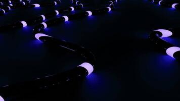 Abstract lilac flying luminous lights of same size along the trajectory of bended snake like black tube. Design. Purple curved stripe with moving lights. video