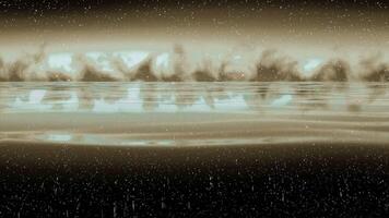 Surreal bronze seascape with calm water surface, bubbles and cloudy sky. Design. Peaceful place with the ocean and starry sky in sunset, unknown planet. video
