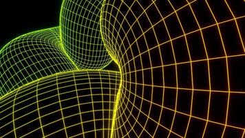 Cyber grid moves in curves. Design. Cybernetic grid in retro style moves on swirling shapes. Computer cyber grid moves in three-dimensional shapes on black background video