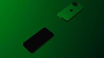 Two smartphones flying towards each other isolated on a dark gradient background. Design. Presentation of a new iphone devices. For editorial use only. video