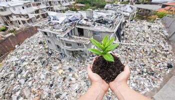 Image of a new tree growing on the ground held by two human hands with a background of environmental damage caused by human actions photo