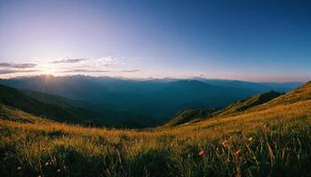 Stunning Mountain Views with gentle sunlight in the background. Vacation, travel concept. Beautiful nature with clear sky amazing beautiful view photo