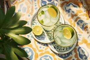 fresh drinks with lime slices on glass at patio photo