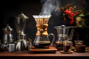 Coffee making equipment and tools at home kitchens to brew hot coffee that drips into cups photo