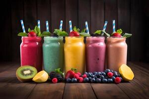 Fresh fruit mixed smoothies with mango, blueberry, kiwi, strawberry, orange photo