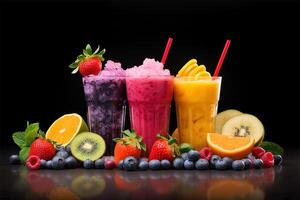 Fresh fruit mixed smoothies with mango, blueberry, kiwi, strawberry, orange photo