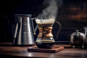Coffee making equipment and tools at home kitchens to brew hot coffee that drips into cups photo