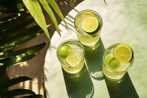 fresh drinks with lime slices on glass at patio photo