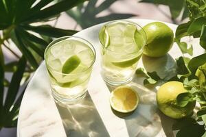 Fresh drinks with lime slices on glass at patio photo