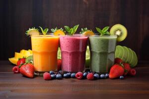 Fresh fruit mixed smoothies with mango, blueberry, kiwi, strawberry, orange photo