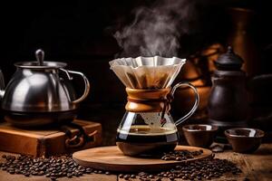 Coffee making equipment and tools at home kitchens to brew hot coffee that drips into cups photo