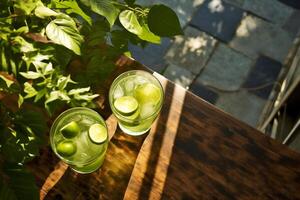 Fresh drinks with lime slices on glass at patio photo