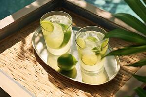 fresh drinks with lime slices on glass at patio photo