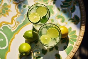 fresh drinks with lime slices on glass at patio photo