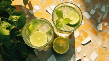 fresh drinks with lime slices on glass at patio photo