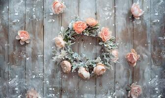 Soft peach peony wreath on frozen wooden background photo