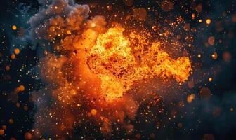 Macro shot of a controlled explosion, capturing the intricate details of flames and sparks against a black backdrop photo