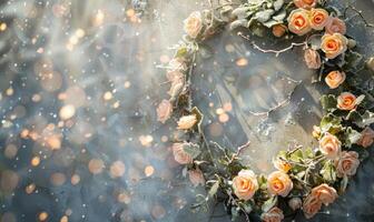 Soft peach roses wreath on frozen background photo