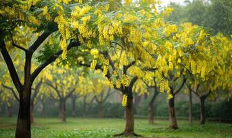 Laburnum trees under the rain, nature background photo