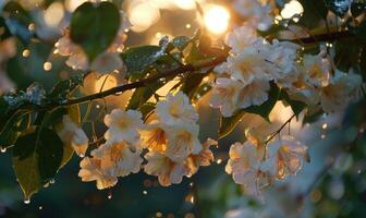 Catalpa trees under the rain, closeup view of blossoming tree branch photo