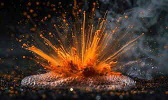 Macro photograph capturing the intricate details of flames and sparks in an explosion against a black backdrop photo