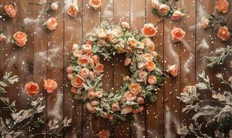 Soft peach peony wreath on frozen wooden background photo