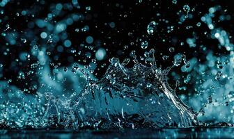 Burst of water explosion, aqua blue splashes and drops on black background photo