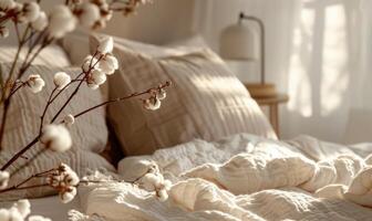 cotton branch and soft cotton fabric in a soothing neutral tone photo