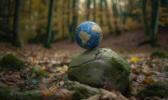Earth globe perched on a mossy tree stump at the edge of a forest stream photo