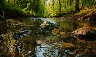 Earth globe partially immersed in the calm waters of a forest stream photo