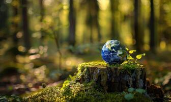 Earth globe perched on a mossy tree stump at the edge of a forest stream photo