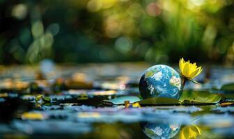 Earth globe floating on a lily pad in a serene pond photo