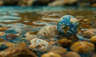 Earth globe resting on a bed of river pebbles at the bottom of a shallow stream photo