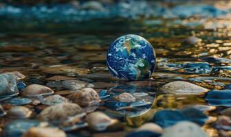 Earth globe resting on a bed of river pebbles at the bottom of a shallow stream photo